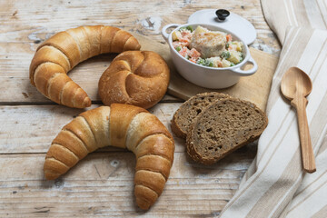 Meatball and vegetables on the table with bread and vegetables