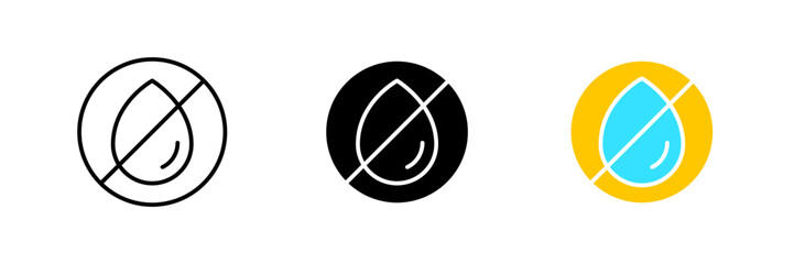 Crossed out waterdrop. Water, waterproof, hydrophobic, do not enter with water, no entry, harmful substances. Vector set icon in line, black and colorful styles isolated on white background