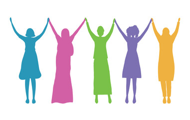 Women holding hands. Colored silhouettes of women. International Women's Day concept. Women's community. Female solidarity. Silhouettes of women of different races. Vector illustration.