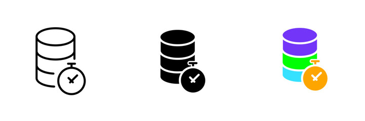 Database with a stopwatch. Timer, clock, data storage, time to pay taxes, information, infographics. Vector set icon in line, black and colorful styles isolated on white background