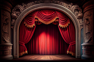 Theater stage with red curtains and spotlights. Theatrical scene in the light of searchlights, the interior of the old theater.