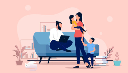 Busy dad working - Man doing work indoors with wife and kids waiting. Flat design vector illustration