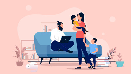 Fototapeta premium Busy dad working - Man doing work indoors with wife and kids waiting. Flat design vector illustration