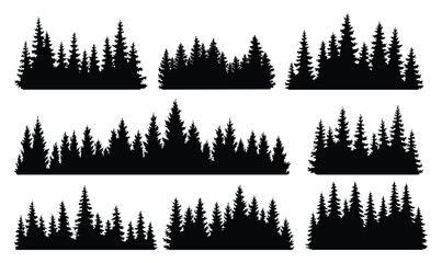 Fir trees silhouettes set. Coniferous spruce horizontal background patterns, black evergreen woods vector illustration. Beautiful hand drawn panorama with treetops forest. Black pine woods - obrazy, fototapety, plakaty