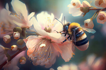  Bee, wireless worker, dances from flower to flower, gathering the precious pollen that will nourish it colony and help bring even more new growth to the surrounding area.  flower's heart Ai generated