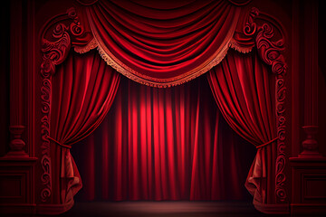 Theater stage with red curtains and spotlights. Theatrical scene in the light of searchlights, the interior of the old theater. - obrazy, fototapety, plakaty