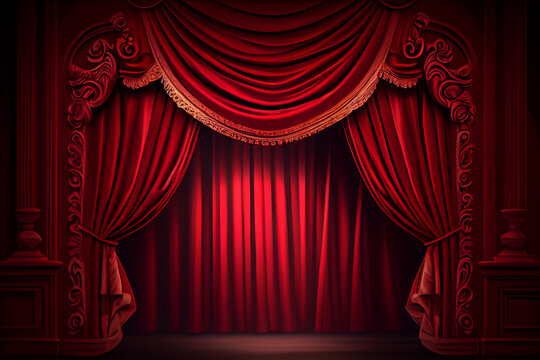 Theater stage with red curtains and spotlights. Theatrical scene in the light of searchlights, the interior of the old theater.