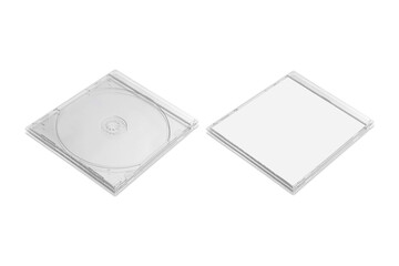 Empty transparent jewel CD case mockup. CD cover mockup, Digipak case of cardboard CD drive. With white blank for branding design or text. Isolated on a white background. 3d rendering.