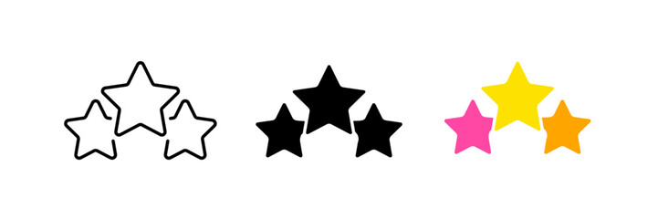 Three stars. Feedback, feedback, rate the service, rating, rating, like, comment. Vector set icon in line, black and colorful styles isolated on white background