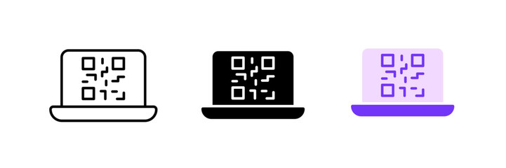 Laptop with qr code. Quick access, scan, scanner, website, online, modern technology, encrypted information. Vector set icon in line, black and colorful styles isolated on white background