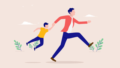 Fototapeta na wymiar Stressed father - Dad running together with child holding hand in a hurry. Parenting time crunch and stress concept. Flat design vector illustration