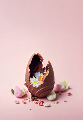 Pastel creative Easter concept, chocolate delicious egg candy surrounded by fresh spring field flowers. Illustration, Generative AI.