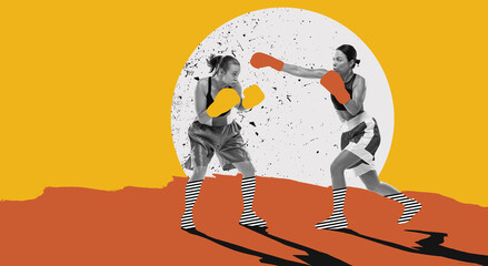 Modern creative design. Contemporary art. Two competitive women, martial art sportsmen training, fighting. Professional combat sport athletes. Sport, motion, action, competition concept. Bright colors