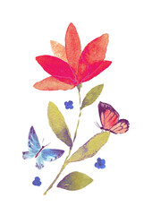 Spring watercolor hand drawn illustration with tulips and butterfly. Cute retro nature design for print, cover, postcard