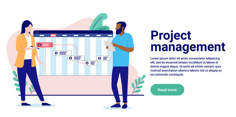 Project management - Man and woman in office working on planning and scheduling work week. Flat design vector illustration with white background