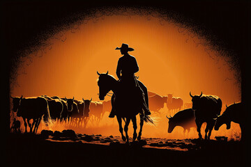 Cowboy silhouette on a horse at sunset leading a herd of cows, illustration, generative AI
