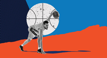 Modern creative design. Contemporary art. Man, professional basketball player in uniforma training, dribbling ball over multicolored background. Sport, motion, action, competition. Bright colors