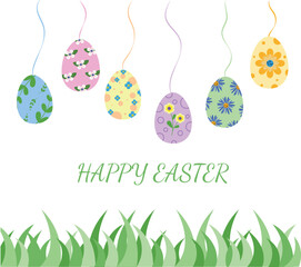 Hanging colorful Easter eggs made of paper on white background.Vector flat illustration/