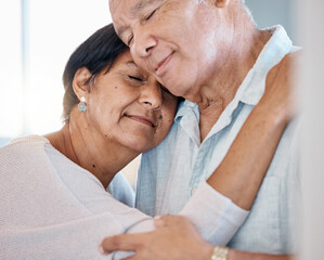 Calm senior couple hug with love, care and romance in home. Man, woman and face of retirement people relax with embrace for happiness, support and peaceful marriage together with trust in partner