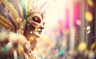 Venetian mask close up lights confeti mistery fantasy carnival masquerade banner copy space illustration