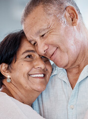 Senior couple, hug and smile of love, care and romance at home. Happy man, woman and face of retirement people embrace for happiness, support and relax in marriage together, house or trust of partner