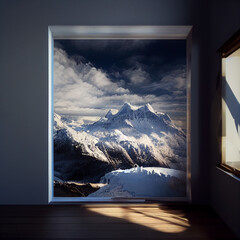the snowy mountain in the distance photography. Generative Ai