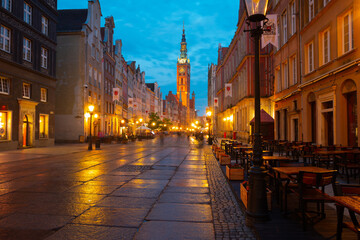 Fototapeta na wymiar 2022-06-09: Old Town in Gdansk, Dluga Street at night. Travel destinations. Poland