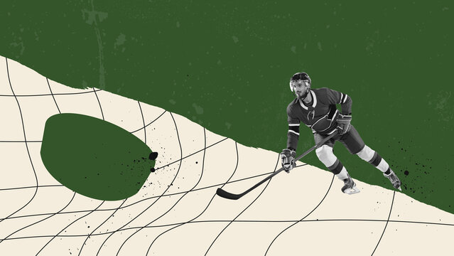 Modern creative design. Contemporary art. Man, professional hockey player in uniform, training, hitting puck with stick over green abstract background. Concept of sport, motion, action, competition