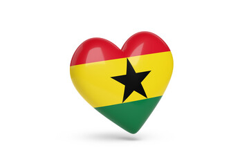 Heart with the colors of flag of Ghana isolated on white background. 3d illustration.