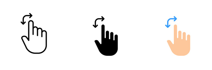 Hand with double arrow. Control gestures, touch screen, settings, swipe, tap, click, scroll. Vector set icon in line, black and colorful styles isolated on white background