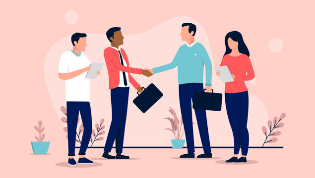 Businesspeople handshake - Two teams of people shaking hands on agreement and business deal. Flat design vector illustration