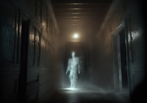 In a creepy abandoned house the ghostly figure of a long-dead inhabitant takes form in the supernatural fog. Generative AI illustration