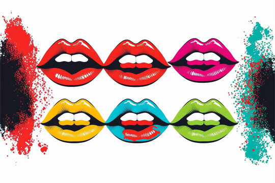 pop  art  Female  lips  lipstick  kiss  print  set  on  white. Generative Ai