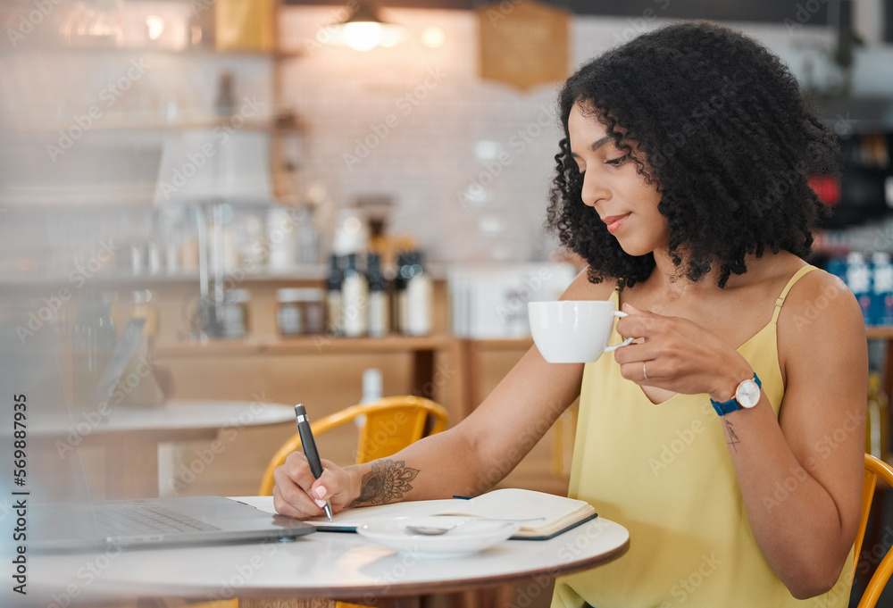 Poster Cafe, freelancer and woman writing notes for a freelance project while drinking a cup of espresso. Technology, notebook and female from Mexico planning business report with a cappucino in coffee shop