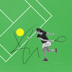 Modern creative design. Contemporary art. Sportive lifestyle. Young woman playing tennis, hitting...
