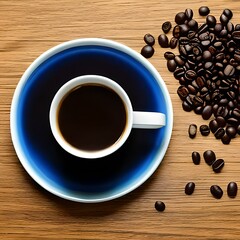 cup of coffee with a beautiful blue gradient porcelain plate next to roasted coffee beans