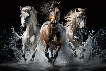 Naklejka na ściany i meble Galloping horses jumping over the camera in a river dark background,generative ai.