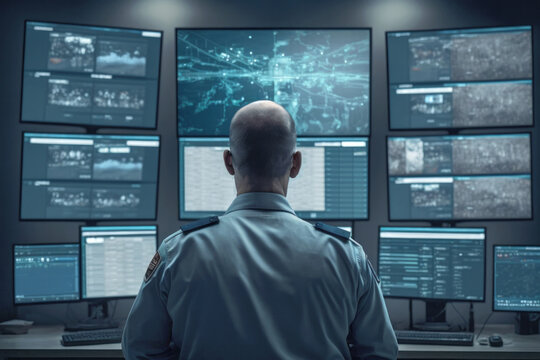 A man in uniform stands at a control center with his back to us keeping an eye on multiple displays. Generative AI illustration