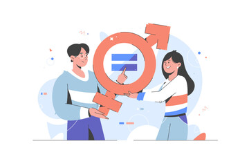 Gender Equality Concept. Vector illustration. Equal business man and woman on balance scale. Male and female employees with equal career opportunities. Workforce without gender discrimination