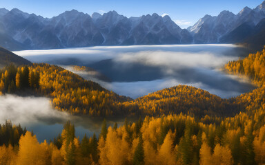 Beautiful autumn landscape with lake, Generative AI