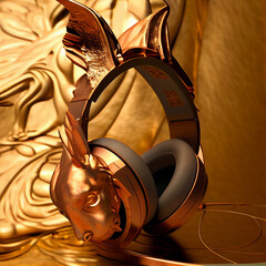 headphone  with  rabbit  head  gold. Generative Ai