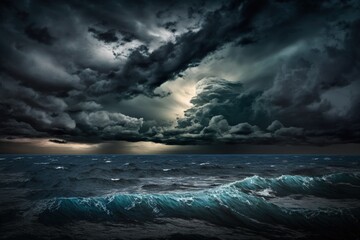 Dramatic dark cloudy sky over the sea in the background of a natural photograph. Generative AI
