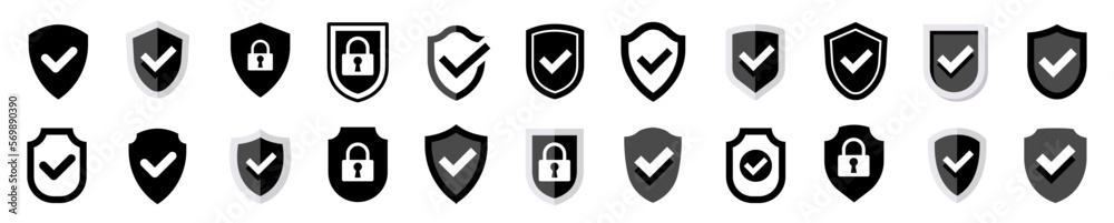 Poster shield check mark icon set. set of security shield. security shield protection icon with tick. vecto