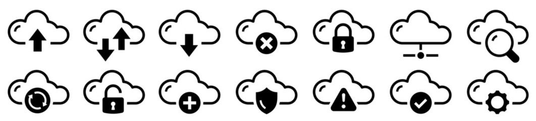 Cloud flat icon. Upload and download cloud. Cloud service and network related. Clouds with arrows up and down and more. Cloud sync. Cloud refresh. Vector illustration