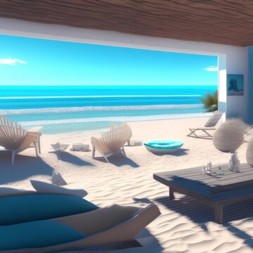 Beach living with sea view3d render - generative ai