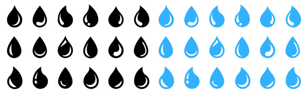 Water drop shape icon. Water or rain drops shape icons set. Blood or oil drop. Plumbing logo. Flat style outline. Vector illustration