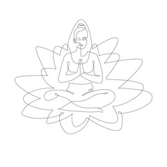 Vector linear illustration isolated on white background. Logo for yoga studio. The girl is sitting on a lotus flower. Silhouette of a meditating woman. Black line tattoo.