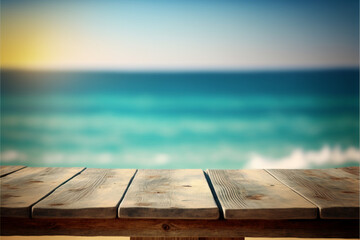 Obraz na płótnie Canvas wooden table blurred sea background summer. Generative Ai