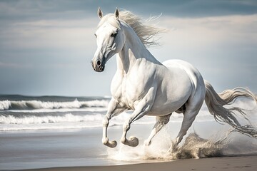 Obraz na płótnie Canvas White Horse on the Beach Generative ai