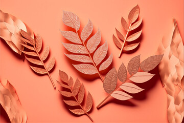 Pattern  of  dry  orange  metallic  leaves  on  pink  background. Generative Ai